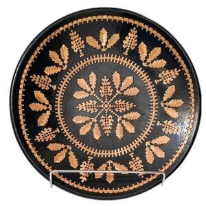 Vintage Russian Folk Art Wood Straw Inlay Marquetry Lacquered Plate, Folk Art